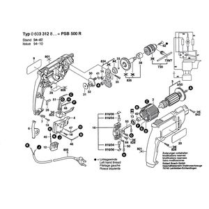 Запчасти для ударной дрели Bosch PSB 13 R 230 V 0603312890, деталировка 1