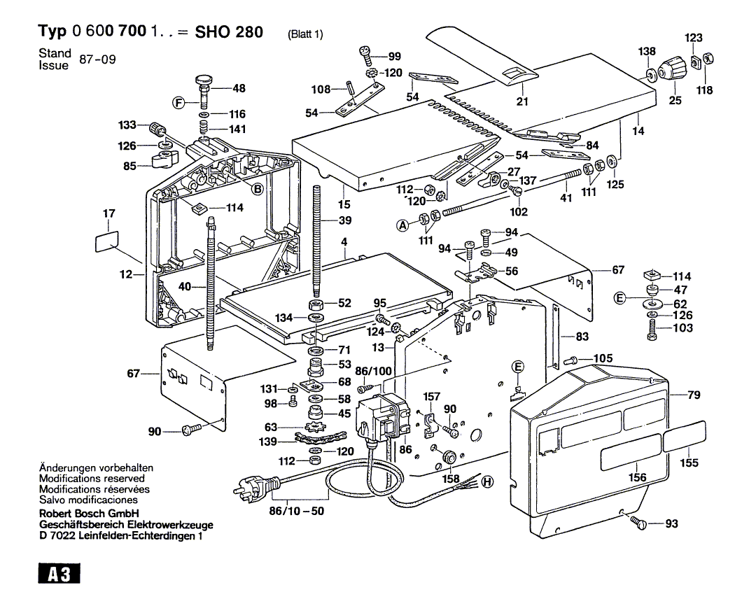 Запчасти для фуговально-рейсмусового станка Bosch SHO 280 220 V 0600700160, деталировка 1 - цена в Москве, купить оригинальные запчасти Бош в интернет-магазине «Премиум инструмент»