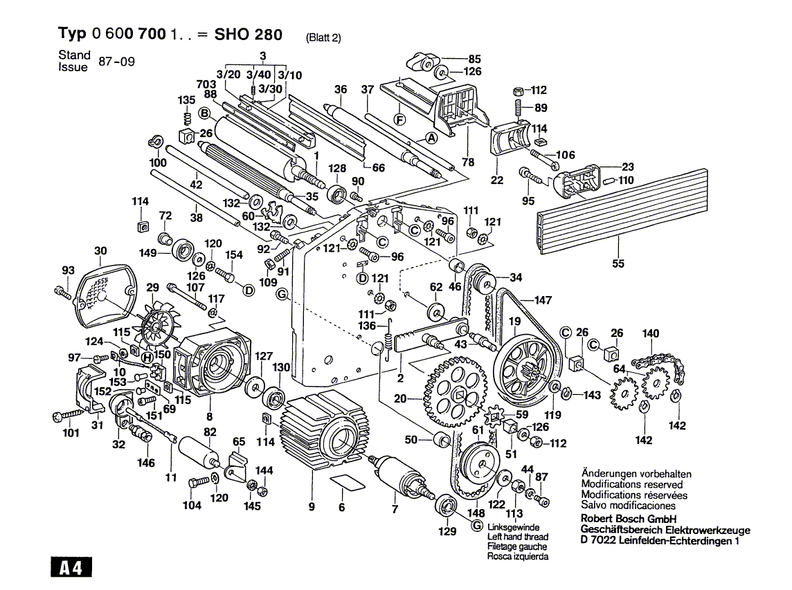 Запчасти для фуговально-рейсмусового станка Bosch SHO 280 220 V 0600700160, деталировка 2 - цена в Москве, купить оригинальные запчасти Бош в интернет-магазине «Премиум инструмент»