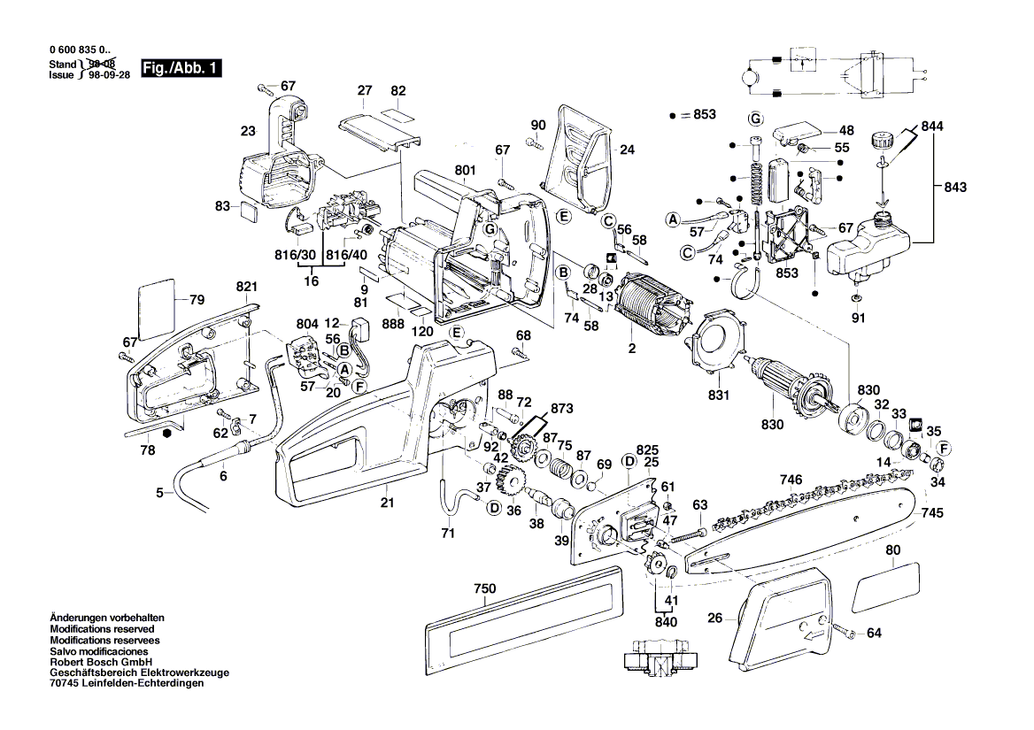 Запчасти для цепной пилы Bosch AKE 30 B 230 V 0600835003, деталировка 1 - цена в Москве, купить оригинальные запчасти Бош в интернет-магазине «Премиум инструмент»