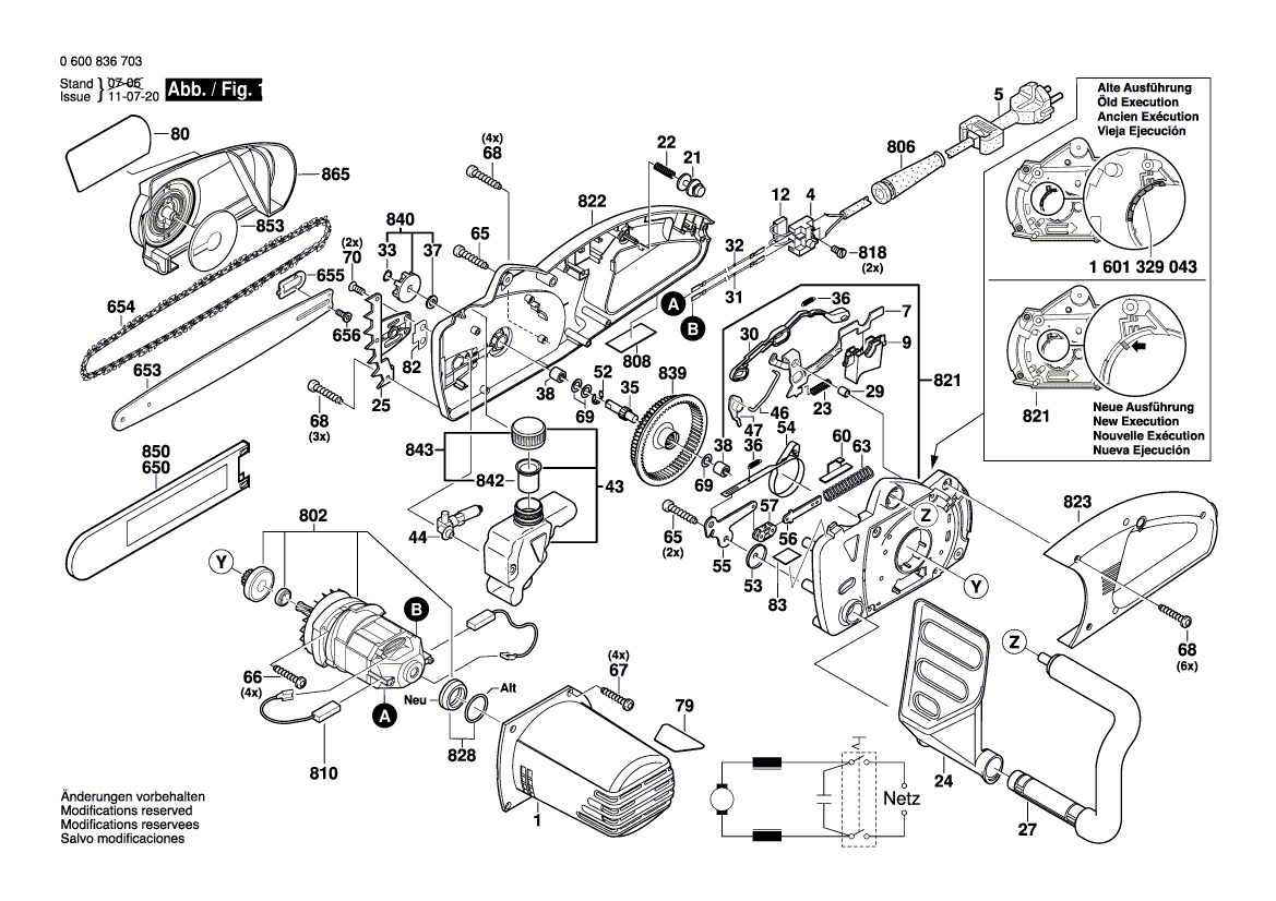 Запчасти для цепной пилы Bosch AKE 35-19 230 V 0600836703, деталировка 1 - цена в Москве, купить оригинальные запчасти Бош в интернет-магазине «Премиум инструмент»