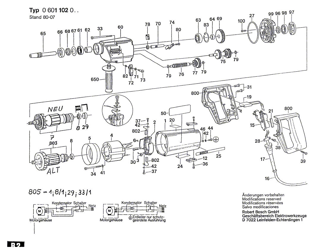 Запчасти для дрели Bosch UB2J75 UB2/75 230 V 0601102010, деталировка 1 - цена в Москве, купить оригинальные запчасти Бош в интернет-магазине «Премиум инструмент»