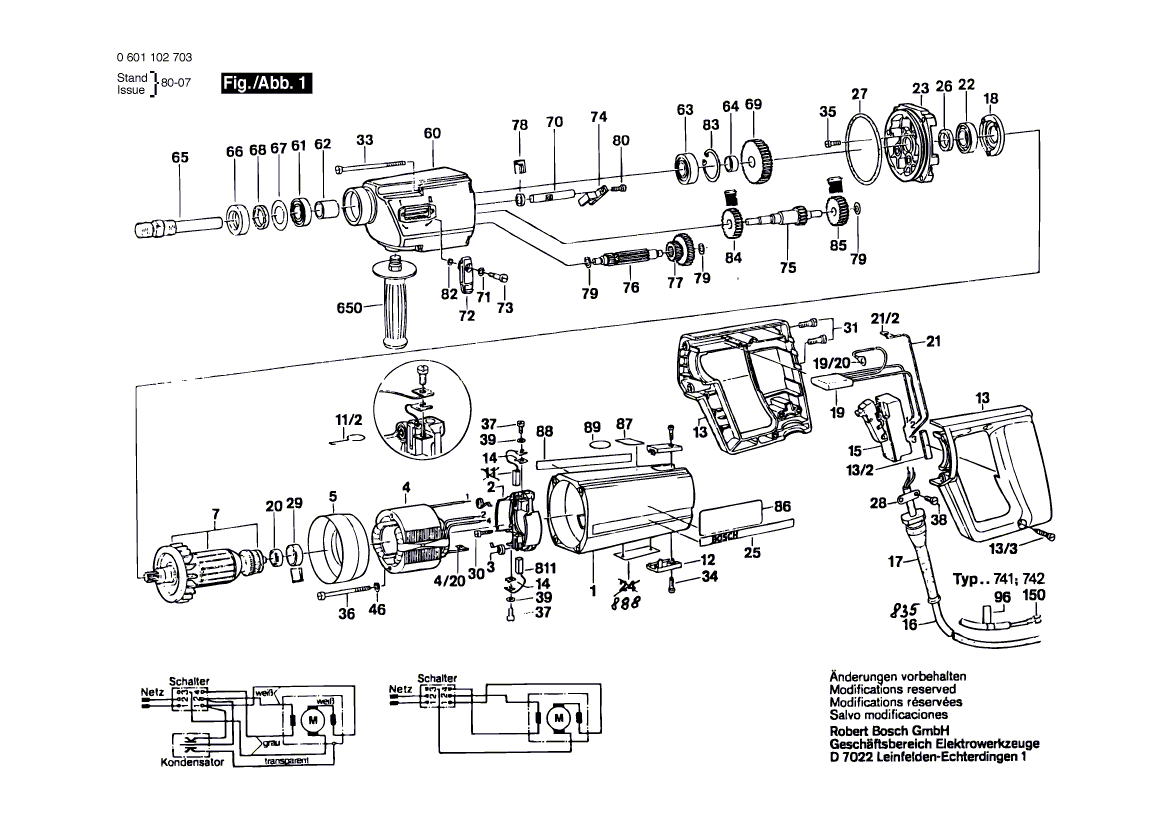 Запчасти для дрели Bosch UB2J75 UB 2/75 230 V 0601102915, деталировка 1 - цена в Москве, купить оригинальные запчасти Бош в интернет-магазине «Премиум инструмент»