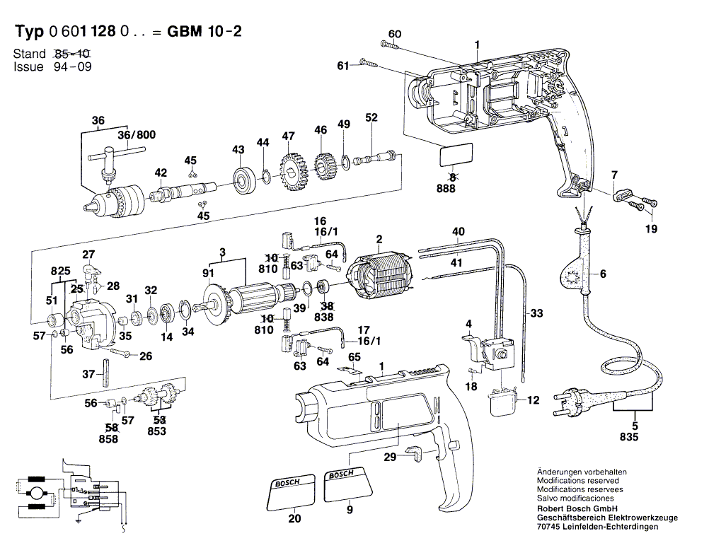 Запчасти для дрели Bosch GMB 10-2 220 V 0601128003, деталировка 1 - цена в Москве, купить оригинальные запчасти Бош в интернет-магазине «Премиум инструмент»