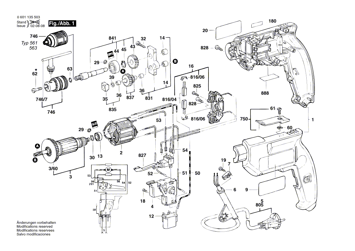 Запчасти для дрели Bosch GBM 10 RE 230 V 0601135560, деталировка 1 - цена в Москве, купить оригинальные запчасти Бош в интернет-магазине «Премиум инструмент»