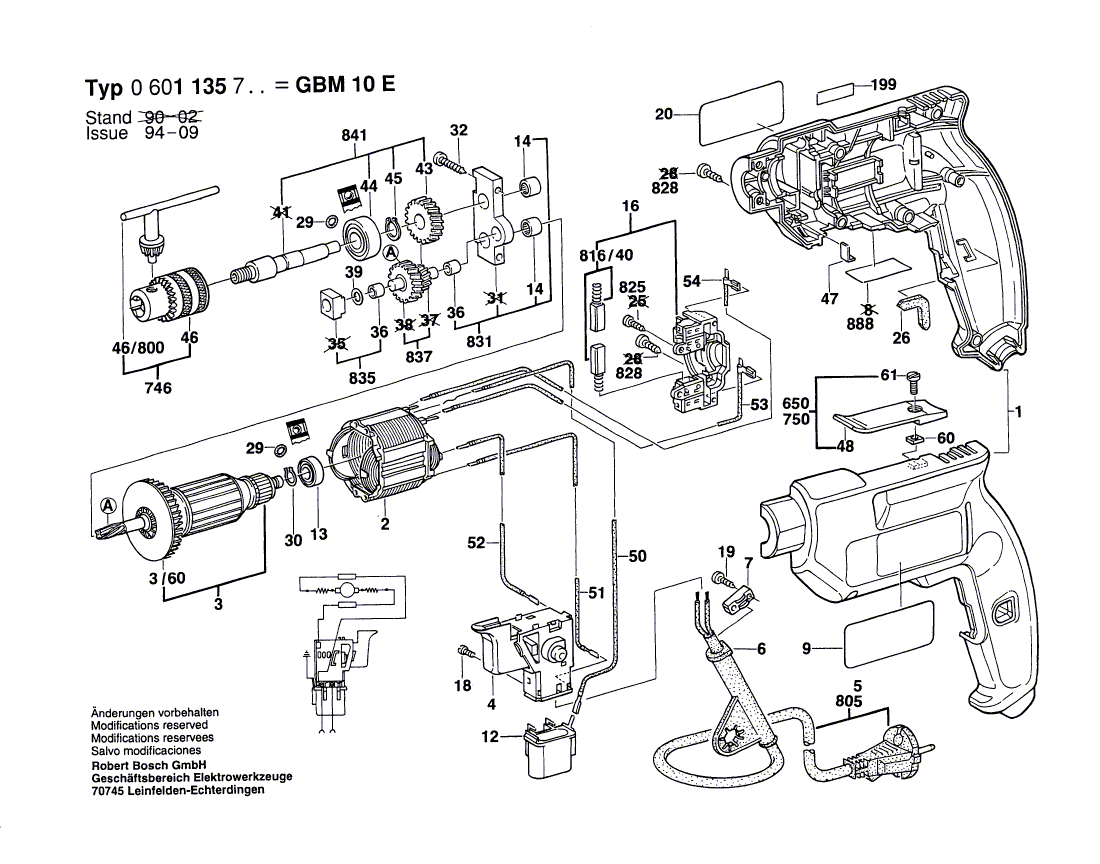 Запчасти для дрели Bosch GBM 10 E 230 V 0601135761, деталировка 1 - цена в Москве, купить оригинальные запчасти Бош в интернет-магазине «Премиум инструмент»