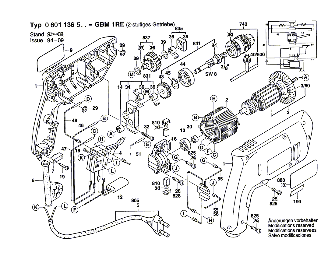 Запчасти для дрели Bosch GBM 1 RE 230 V 0601136503, деталировка 1 - цена в Москве, купить оригинальные запчасти Бош в интернет-магазине «Премиум инструмент»