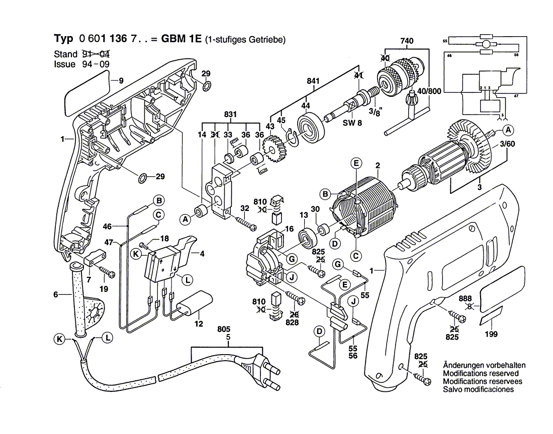 Запчасти для дрели Bosch GBM 1 E 230 V 0601136703, деталировка 1 - цена в Москве, купить оригинальные запчасти Бош в интернет-магазине «Премиум инструмент»
