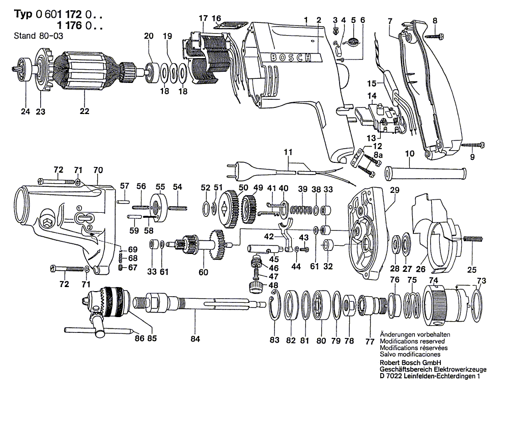 Запчасти для дрели Bosch 42 V 0601176009, деталировка 1 - цена в Москве, купить оригинальные запчасти Бош в интернет-магазине «Премиум инструмент»