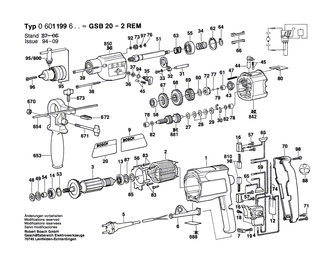 Запчасти для ударной дрели Bosch GSB 20-2 REM 220 V 0601199603, деталировка 1 - цена в Москве, купить оригинальные запчасти Бош в интернет-магазине «Премиум инструмент»