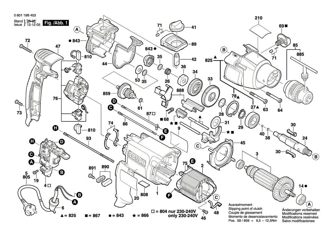 Запчасти для ударной дрели Bosch GSB 20-2 RE 230 V 060119B403, деталировка 1 - цена в Москве, купить оригинальные запчасти Бош в интернет-магазине «Премиум инструмент»