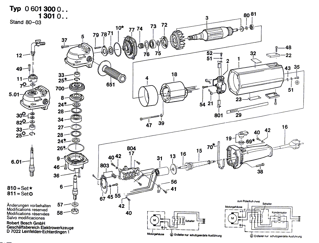 Запчасти для угловой шлифмашины Bosch USW(J)77 220 V 0601300013, деталировка 1 - цена в Москве, купить оригинальные запчасти Бош в интернет-магазине «Премиум инструмент»