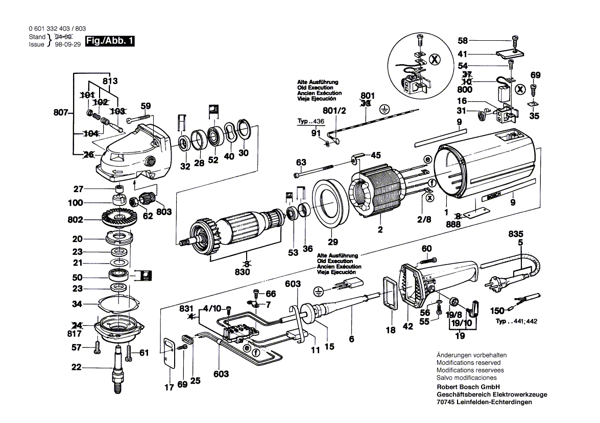 Запчасти для угловой шлифмашины Bosch 220 V 0601332803, деталировка 1 - цена в Москве, купить оригинальные запчасти Бош в интернет-магазине «Премиум инструмент»
