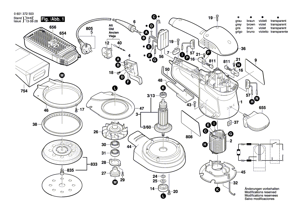 Запчасти для эксцентриковой шлифмашины Bosch GEX 125 AC 230 V 0601372503, деталировка 1 - цена в Москве, купить оригинальные запчасти Бош в интернет-магазине «Премиум инструмент»