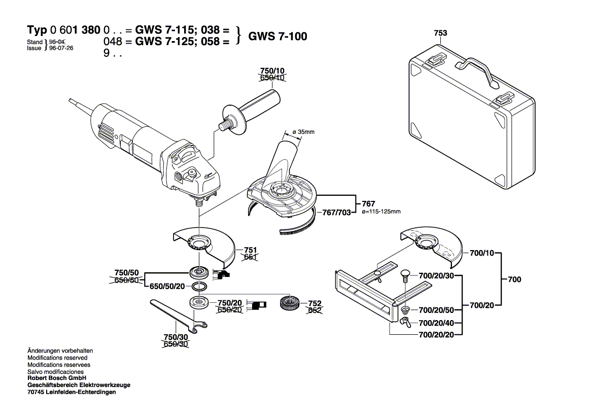Запчасти для угловой шлифмашины Bosch GWS 7-115 230 V 0601380903, деталировка 2 - цена в Москве, купить оригинальные запчасти Бош в интернет-магазине «Премиум инструмент»