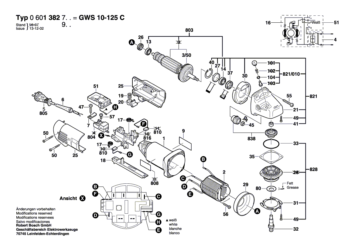 Запчасти для угловой шлифмашины Bosch GWS 10-125 C 230 V 0601382903, деталировка 1 - цена в Москве, купить оригинальные запчасти Бош в интернет-магазине «Премиум инструмент»