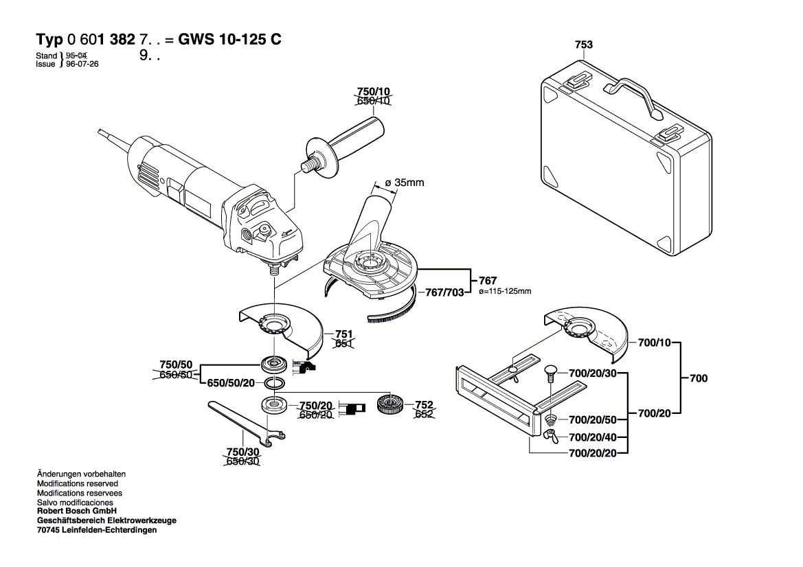 Запчасти для угловой шлифмашины Bosch GWS 10-125 C 230 V 0601382903, деталировка 2 - цена в Москве, купить оригинальные запчасти Бош в интернет-магазине «Премиум инструмент»