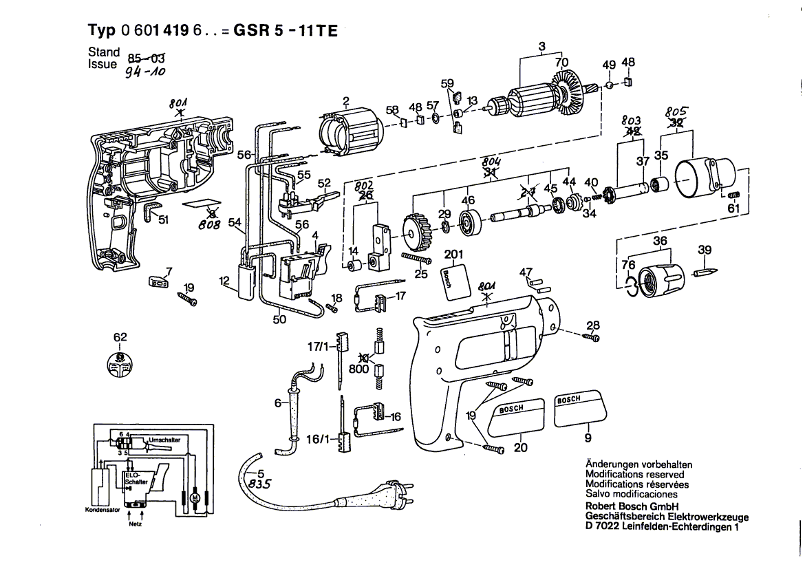Запчасти для дрели-шуруповерта Bosch GSR 5-11 TE 220 V 0601419603, деталировка 1 - цена в Москве, купить оригинальные запчасти Бош в интернет-магазине «Премиум инструмент»