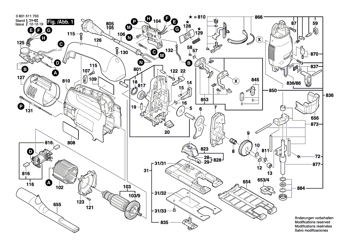 Запчасти для электролобзика Bosch GST 135 BCE 230 V 0601511703, деталировка 1 - цена в Москве, купить оригинальные запчасти Бош в интернет-магазине «Премиум инструмент»
