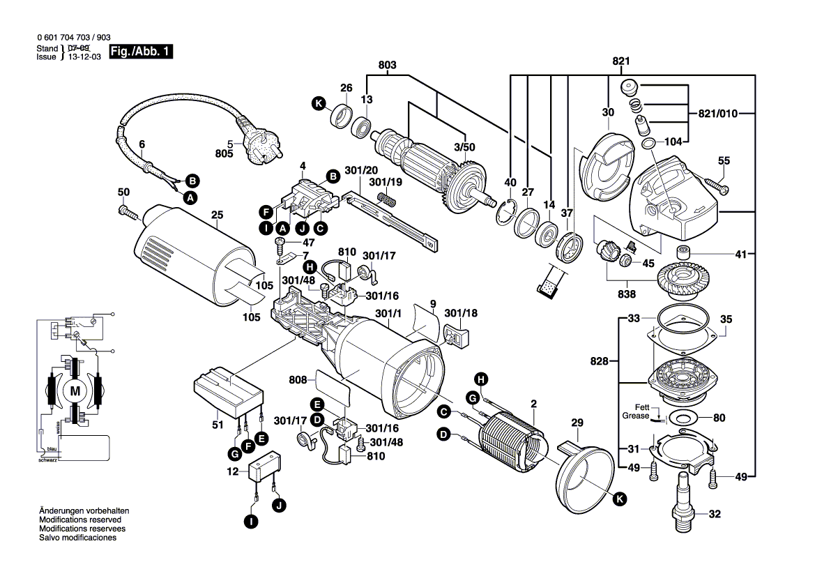 Запчасти для угловой шлифмашины Bosch GWS 14-125 C 230 V 0601704703, деталировка 1 - цена в Москве, купить оригинальные запчасти Бош в интернет-магазине «Премиум инструмент»