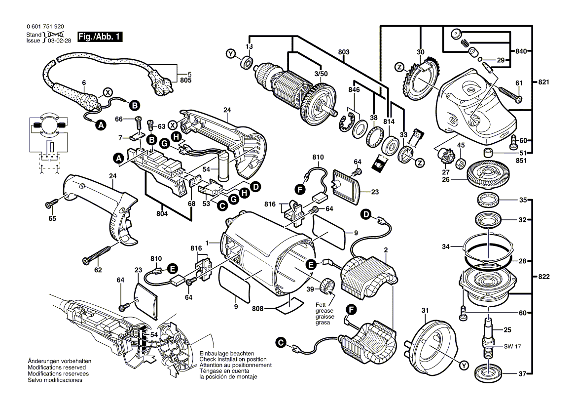 Запчасти для угловой шлифмашины Bosch GWS 180 J 230 V 0601751920, деталировка 1 - цена в Москве, купить оригинальные запчасти Бош в интернет-магазине «Премиум инструмент»