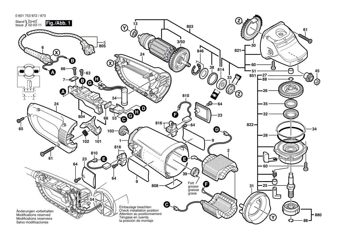 Запчасти для угловой шлифмашины Bosch GWS 23-180 JS 230 V 0601753973, деталировка 1 - цена в Москве, купить оригинальные запчасти Бош в интернет-магазине «Премиум инструмент»