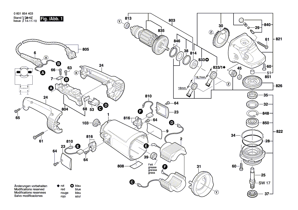 Запчасти для угловой шлифмашины Bosch GWS 24-230 H 230 V 0601854493, деталировка 1 - цена в Москве, купить оригинальные запчасти Бош в интернет-магазине «Премиум инструмент»