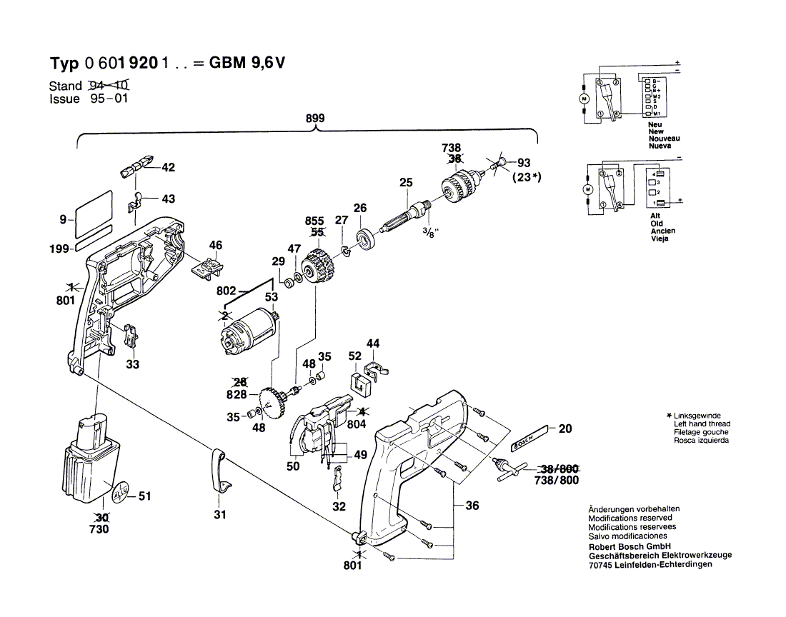 Запчасти для аккумуляторной дрели Bosch GBM 9,6 VRL 9.6 V 0601920103, деталировка 1 - цена в Москве, купить оригинальные запчасти Бош в интернет-магазине «Премиум инструмент»