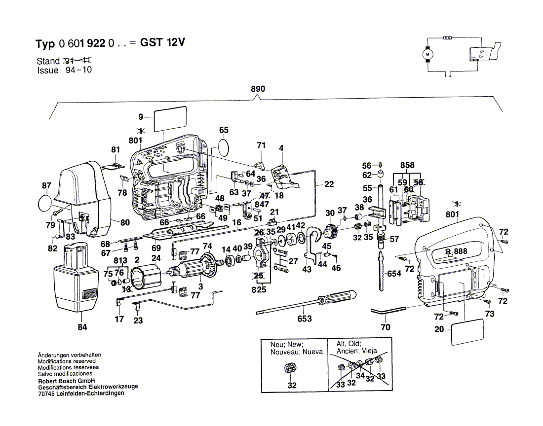 Запчасти для аккумуляторной лобзиковой пилы Bosch GST 12 V 12 V 0601922020, деталировка 1 - цена в Москве, купить оригинальные запчасти Бош в интернет-магазине «Премиум инструмент»