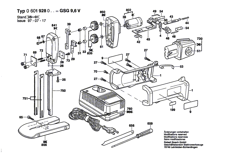 Запчасти для аккумуляторной сабельной пилы Bosch GSG 9,6 V 9.6 V 0601928003, деталировка 1 - цена в Москве, купить оригинальные запчасти Бош в интернет-магазине «Премиум инструмент»