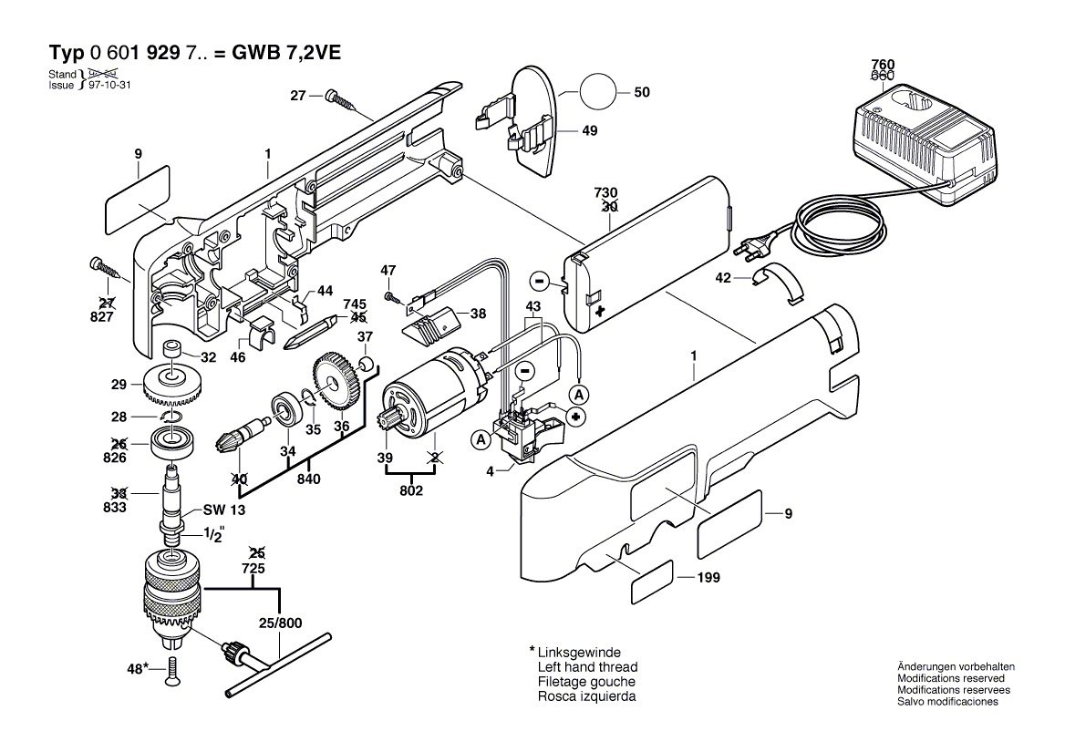 Запчасти для аккумуляторной угловой дрели Bosch GWB 7,2 VE 7.2 V 0601929703, деталировка 1 - цена в Москве, купить оригинальные запчасти Бош в интернет-магазине «Премиум инструмент»