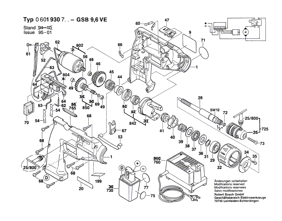 Запчасти для аккумуляторной ударной дрели Bosch GSB 9,6 VE 9.6 V 0601930766, деталировка 1 - цена в Москве, купить оригинальные запчасти Бош в интернет-магазине «Премиум инструмент»
