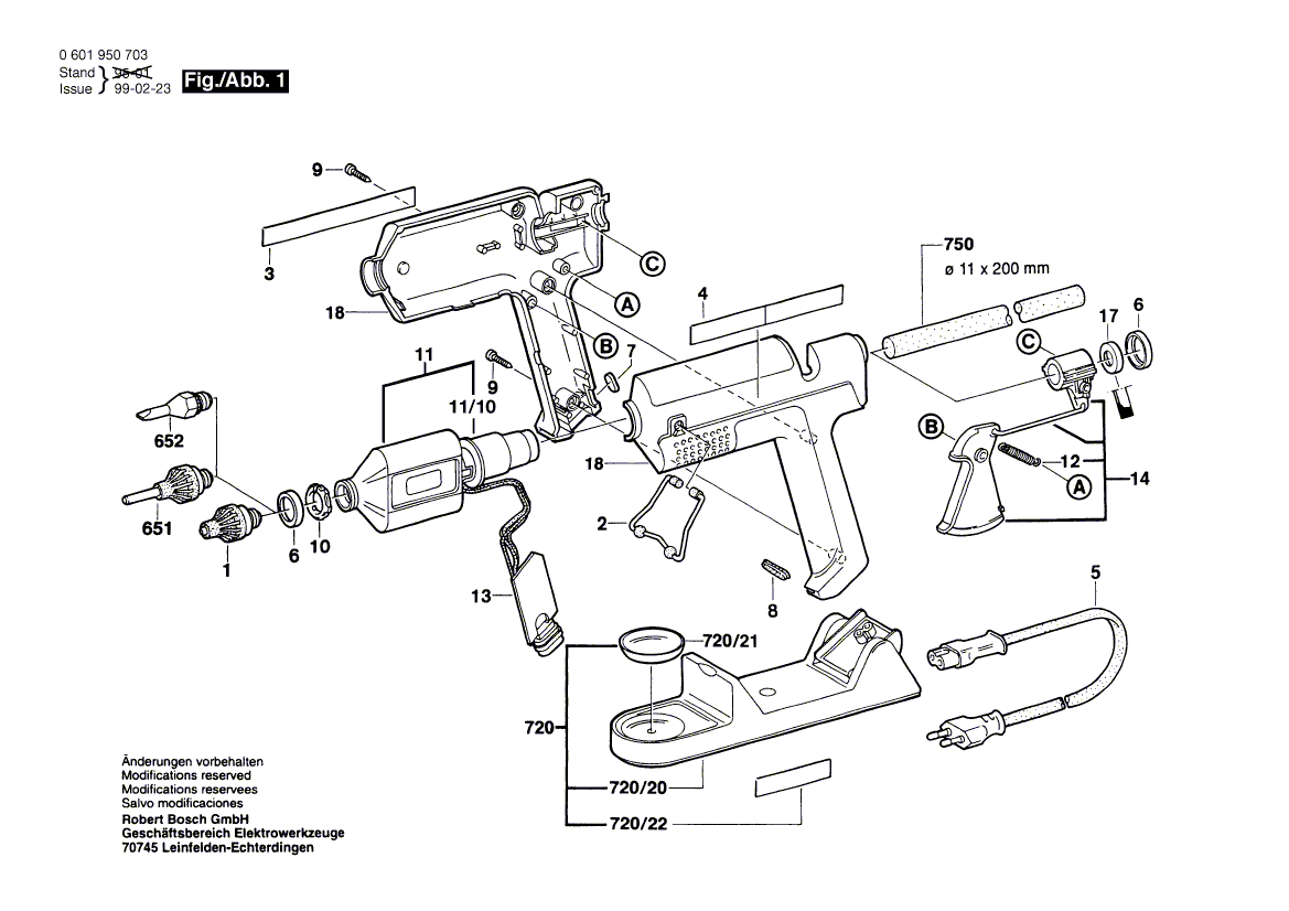 Запчасти для клеевого пистолета Bosch GKP 200 CE 230 V 0601950703, деталировка 1 - цена в Москве, купить оригинальные запчасти Бош в интернет-магазине «Премиум инструмент»