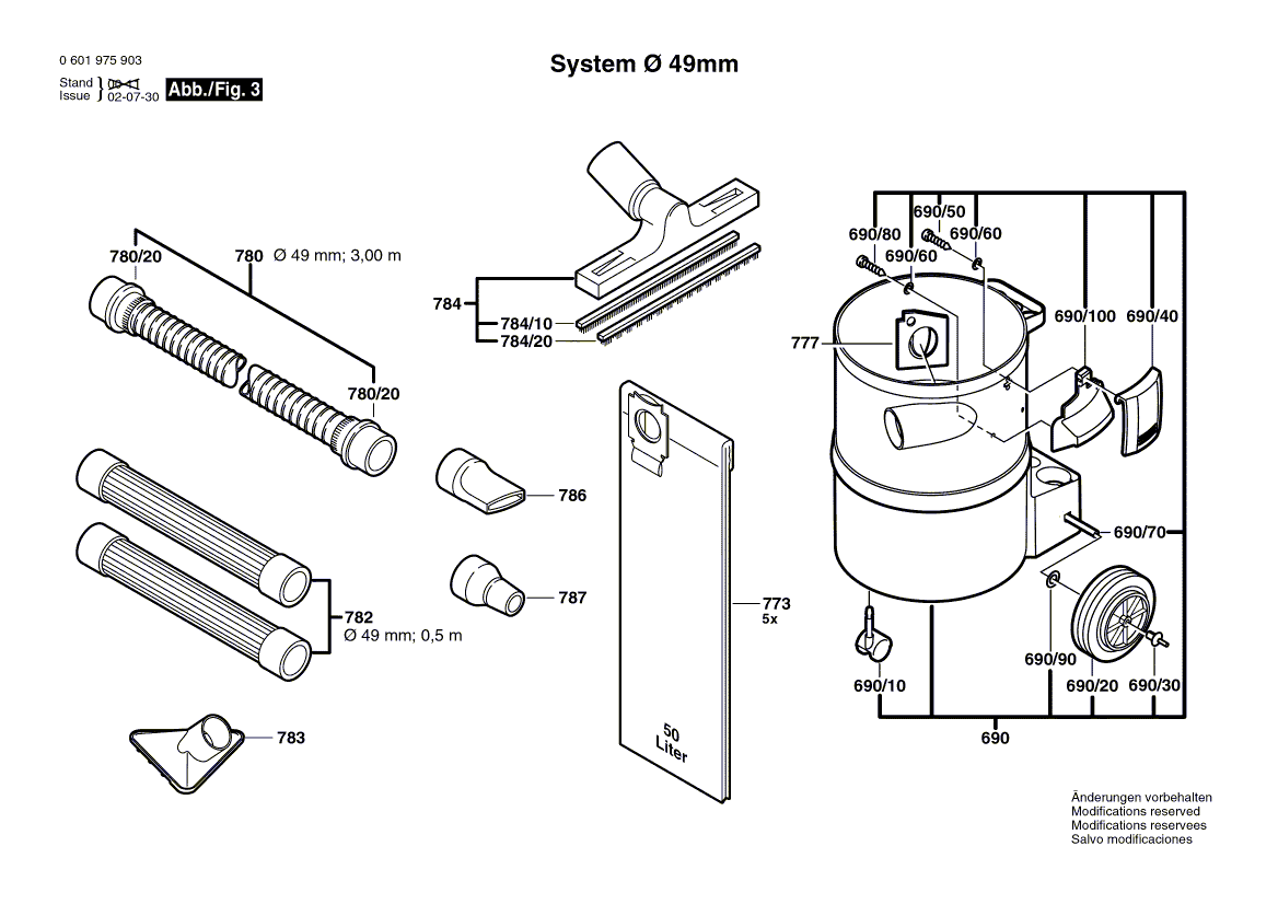 Запчасти для универсального пылесоса Bosch GAS 12-50 RF 230 V 0601975903, деталировка 3 - цена в Москве, купить оригинальные запчасти Бош в интернет-магазине «Премиум инструмент»
