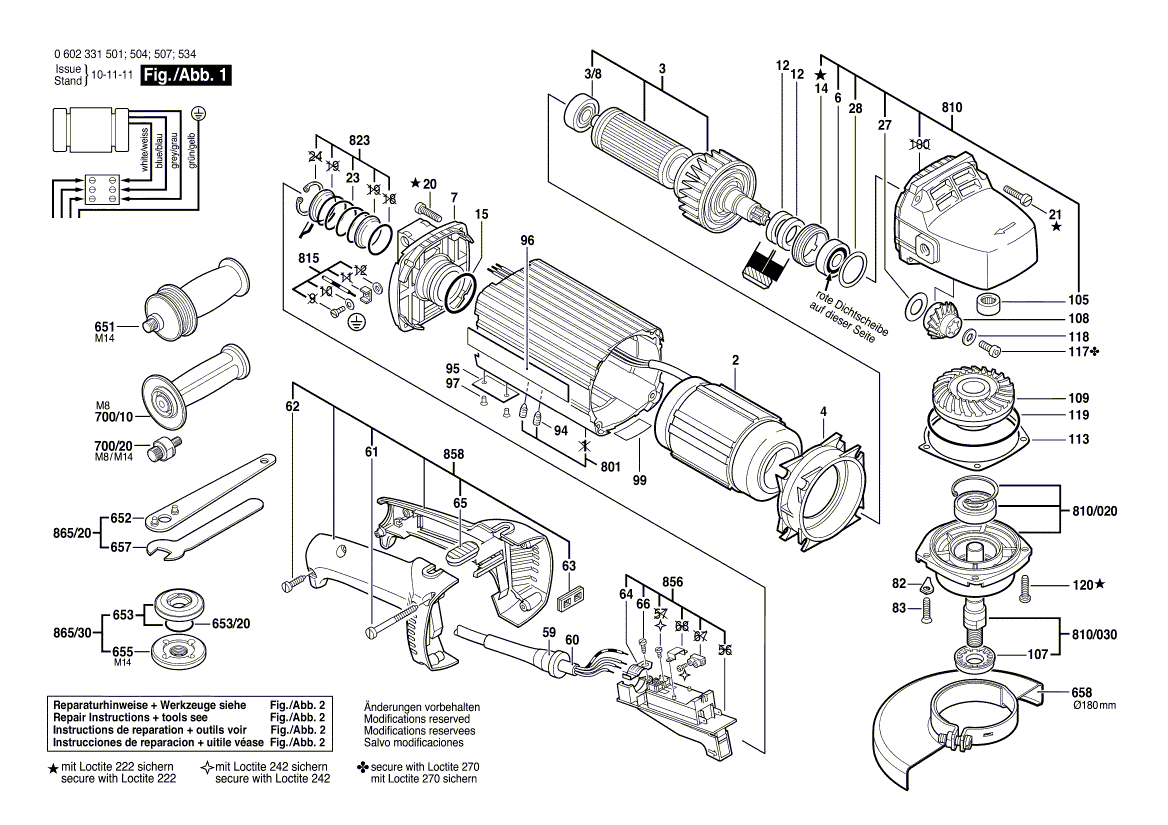 Запчасти для угловой шлифмашины Bosch HWS 88/180 0602331504, деталировка 1 - цена в Москве, купить оригинальные запчасти Бош в интернет-магазине «Премиум инструмент»