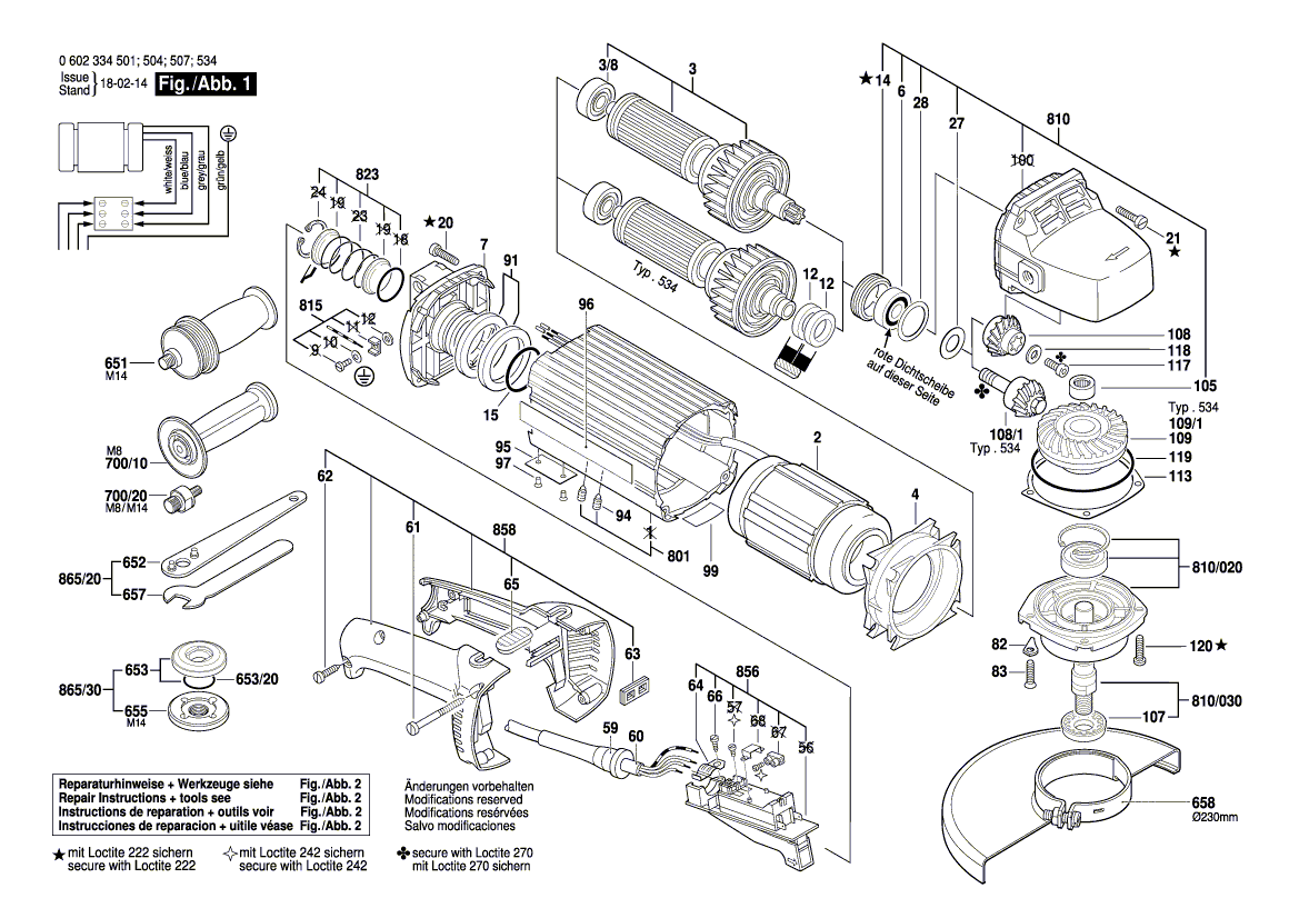 Запчасти для угловой шлифмашины Bosch HWS 810/230 0602334501, деталировка 1 - цена в Москве, купить оригинальные запчасти Бош в интернет-магазине «Премиум инструмент»