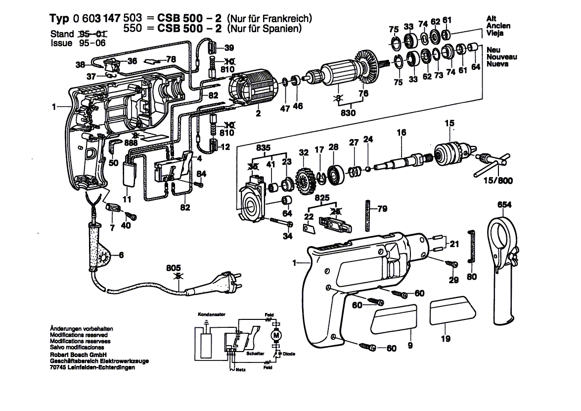 Запчасти для ударной дрели Bosch CSB 500-2 220 V 0603147503, деталировка 1 - цена в Москве, купить оригинальные запчасти Бош в интернет-магазине «Премиум инструмент»