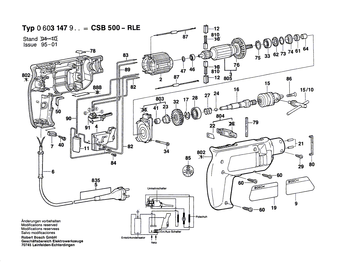 Запчасти для ударной дрели Bosch CSB 500-RLE 220 V 0603147903, деталировка 1 - цена в Москве, купить оригинальные запчасти Бош в интернет-магазине «Премиум инструмент»