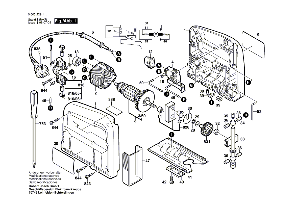 Запчасти для электролобзика Bosch PST 50 A 230 V 0603229103, деталировка 1 - цена в Москве, купить оригинальные запчасти Бош в интернет-магазине «Премиум инструмент»
