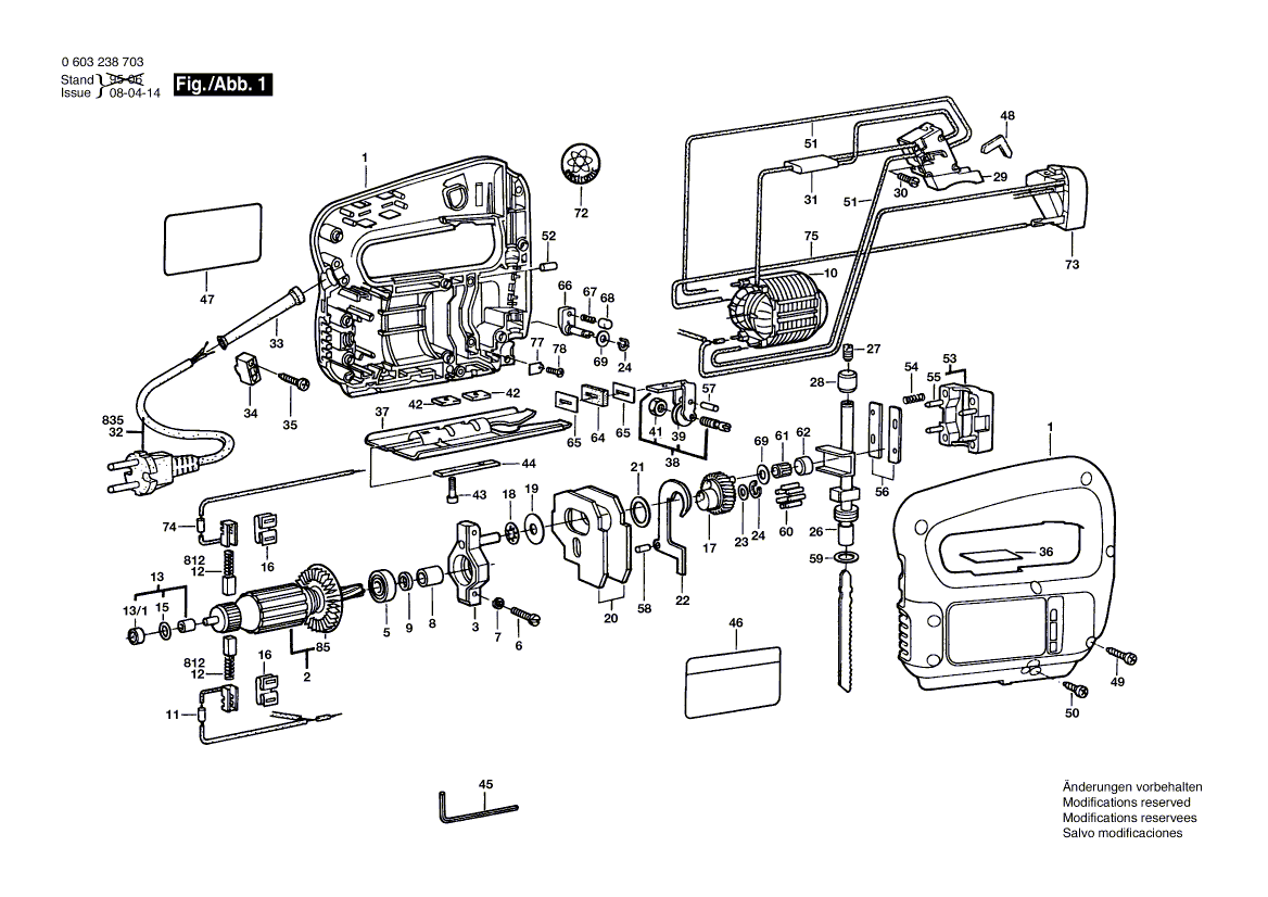 Запчасти для электролобзика Bosch PST 55 PE 220 V 0603238703, деталировка 1 - цена в Москве, купить оригинальные запчасти Бош в интернет-магазине «Премиум инструмент»