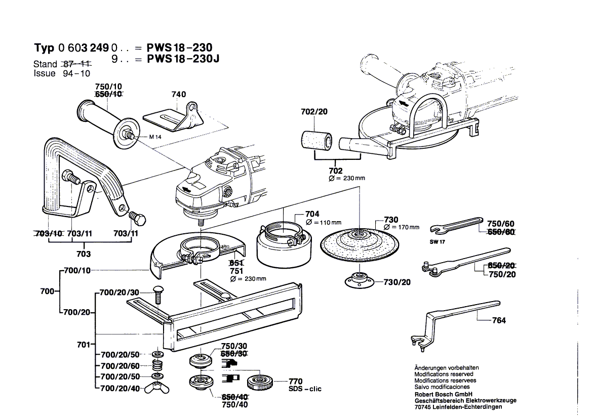 Запчасти для угловой шлифмашины Bosch PWS 18-230 230 V 0603249003, деталировка 2 - цена в Москве, купить оригинальные запчасти Бош в интернет-магазине «Премиум инструмент»
