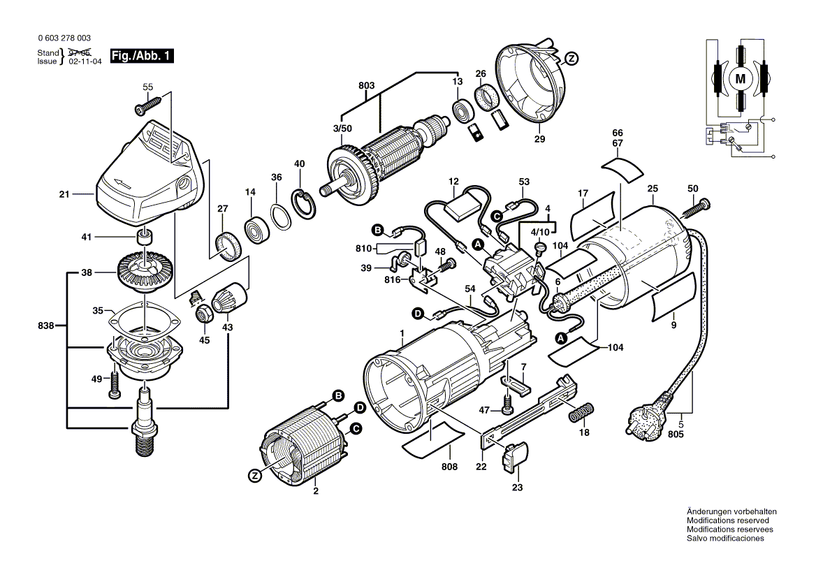 Запчасти для угловой шлифмашины Bosch PWS 5-115 220 V 0603278003, деталировка 1 - цена в Москве, купить оригинальные запчасти Бош в интернет-магазине «Премиум инструмент»