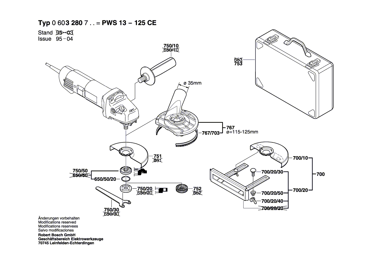 Запчасти для угловой шлифмашины Bosch PWS 13-125 CE 230 V 0603280903, деталировка 2 - цена в Москве, купить оригинальные запчасти Бош в интернет-магазине «Премиум инструмент»