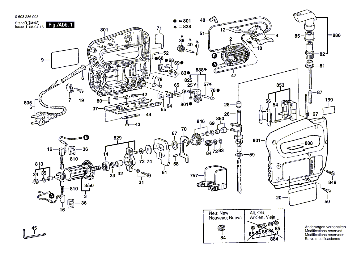 Запчасти для электролобзика Bosch PST 65 PAE 230 V 0603286903, деталировка 1 - цена в Москве, купить оригинальные запчасти Бош в интернет-магазине «Премиум инструмент»