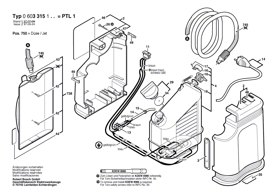 Запчасти для отпаривателя Bosch PTL 1 230 V 0603315103, деталировка 1 - цена в Москве, купить оригинальные запчасти Бош в интернет-магазине «Премиум инструмент»