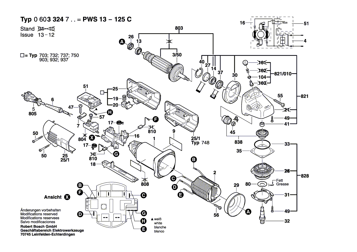 Запчасти для угловой шлифмашины Bosch PWS 13-125 C 230 V 0603324703, деталировка 1 - цена в Москве, купить оригинальные запчасти Бош в интернет-магазине «Премиум инструмент»