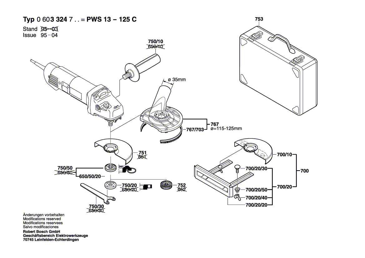 Запчасти для угловой шлифмашины Bosch PWS 13-125 C 230 V 0603324703, деталировка 2 - цена в Москве, купить оригинальные запчасти Бош в интернет-магазине «Премиум инструмент»