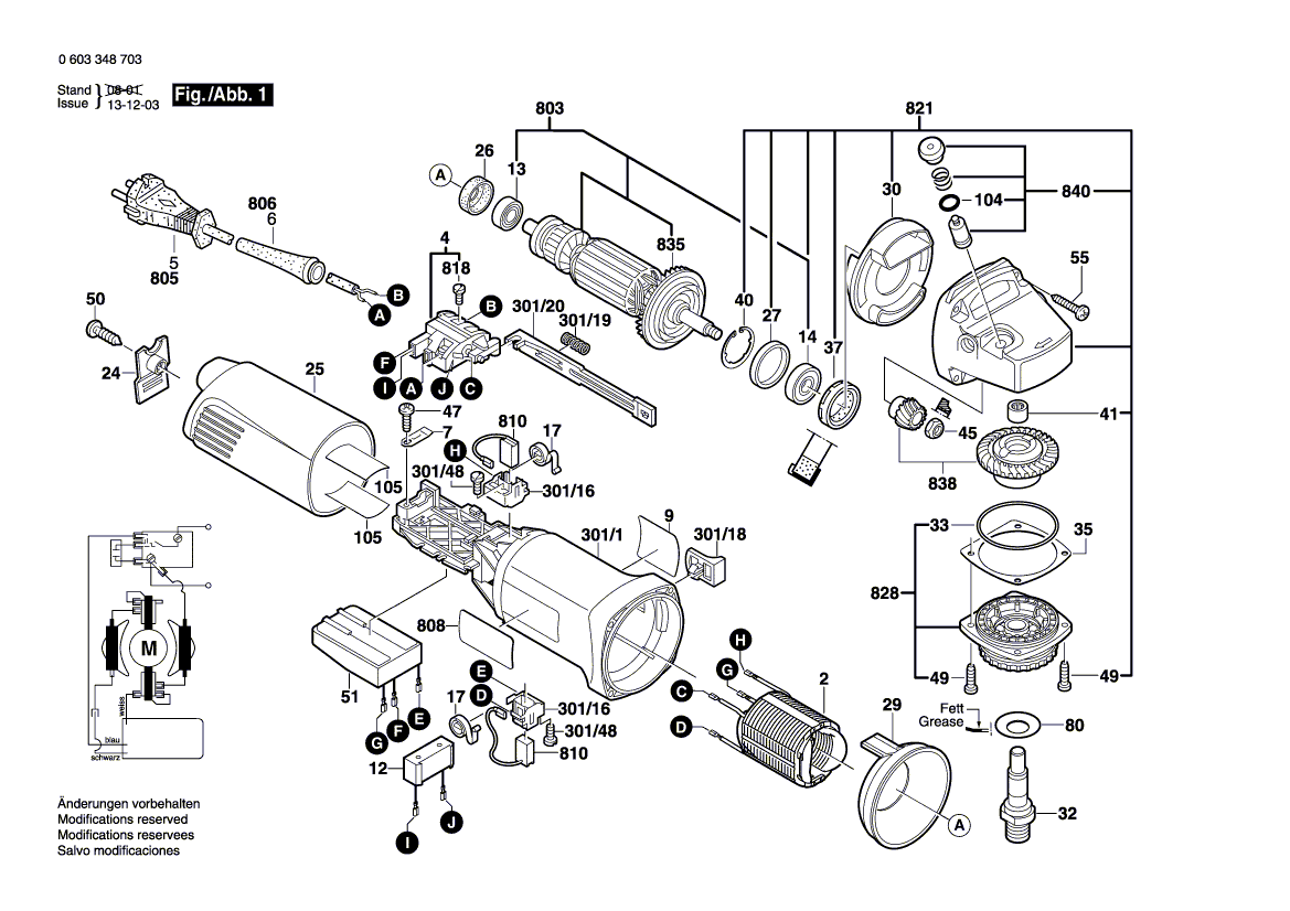 Запчасти для угловой шлифмашины Bosch PWS 13-125 CE 230 V 0603348703, деталировка 1 - цена в Москве, купить оригинальные запчасти Бош в интернет-магазине «Премиум инструмент»