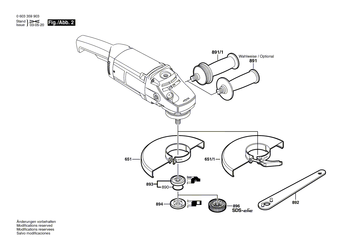 Запчасти для угловой шлифмашины Bosch PWS 20-230 230 V 0603359903, деталировка 2 - цена в Москве, купить оригинальные запчасти Бош в интернет-магазине «Премиум инструмент»
