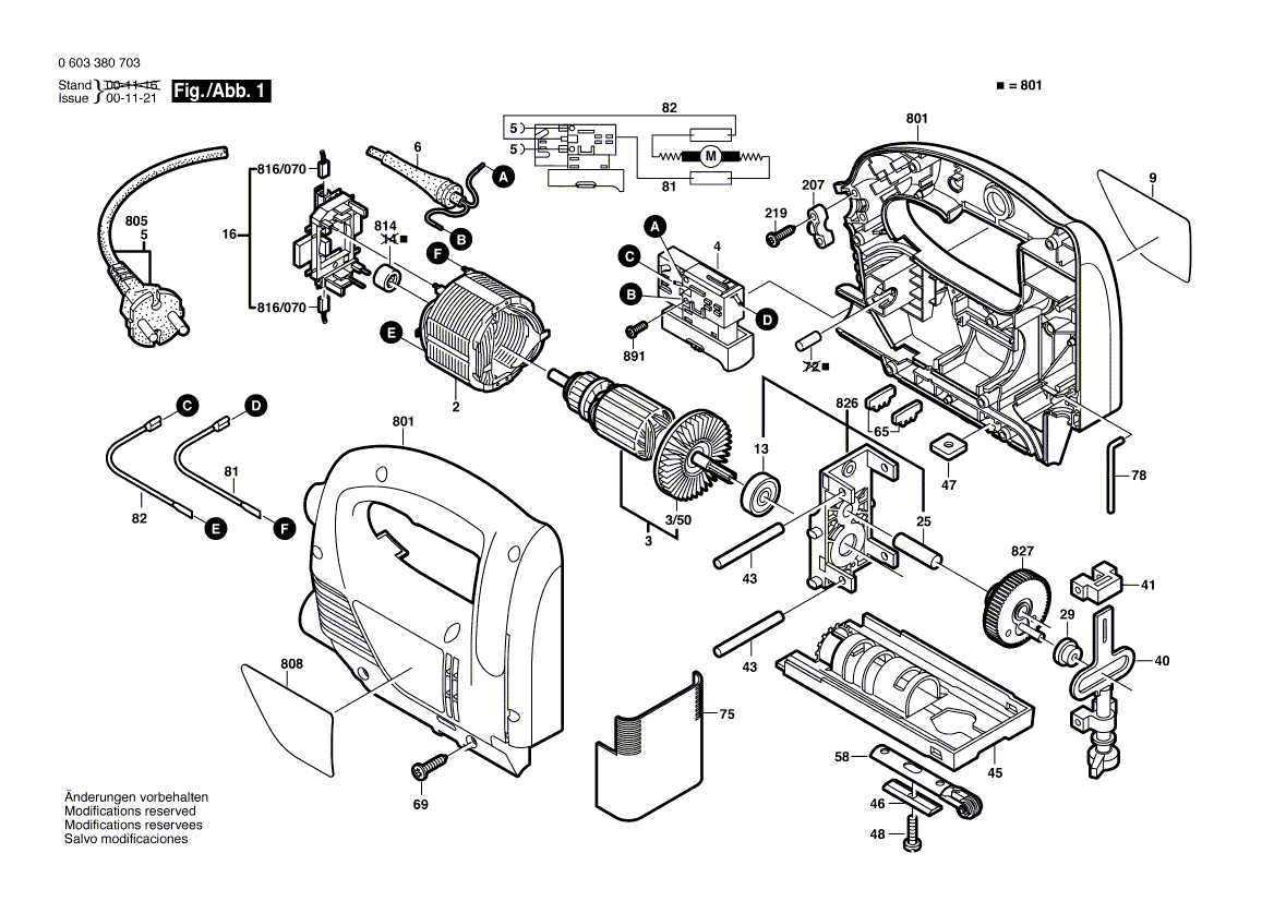 Запчасти для электролобзика Bosch PST 6500 E 230 V 0603380770, деталировка 1 - цена в Москве, купить оригинальные запчасти Бош в интернет-магазине «Премиум инструмент»